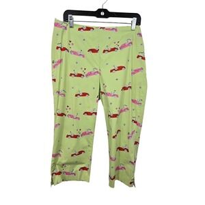 Vintage 90s Y2K Capri Cigarette Pants‎ Womens 12 Green Crop Car Print Cotton